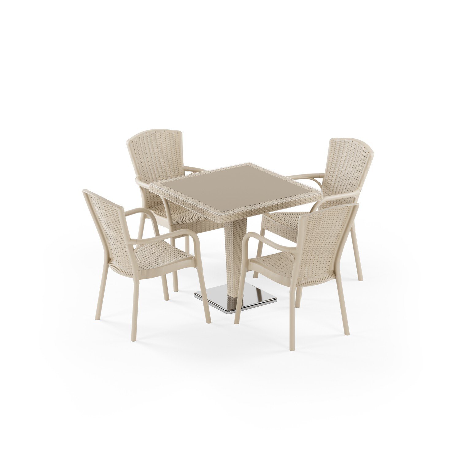 Antares Krom Ayak Camlı 80X80 Royal 4 Kişilik Rattan Masa Takımı